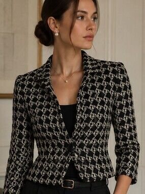 Banana Republic 0P Black Cream Tweed Cropped Blazer Jacket Quiet Luxury French